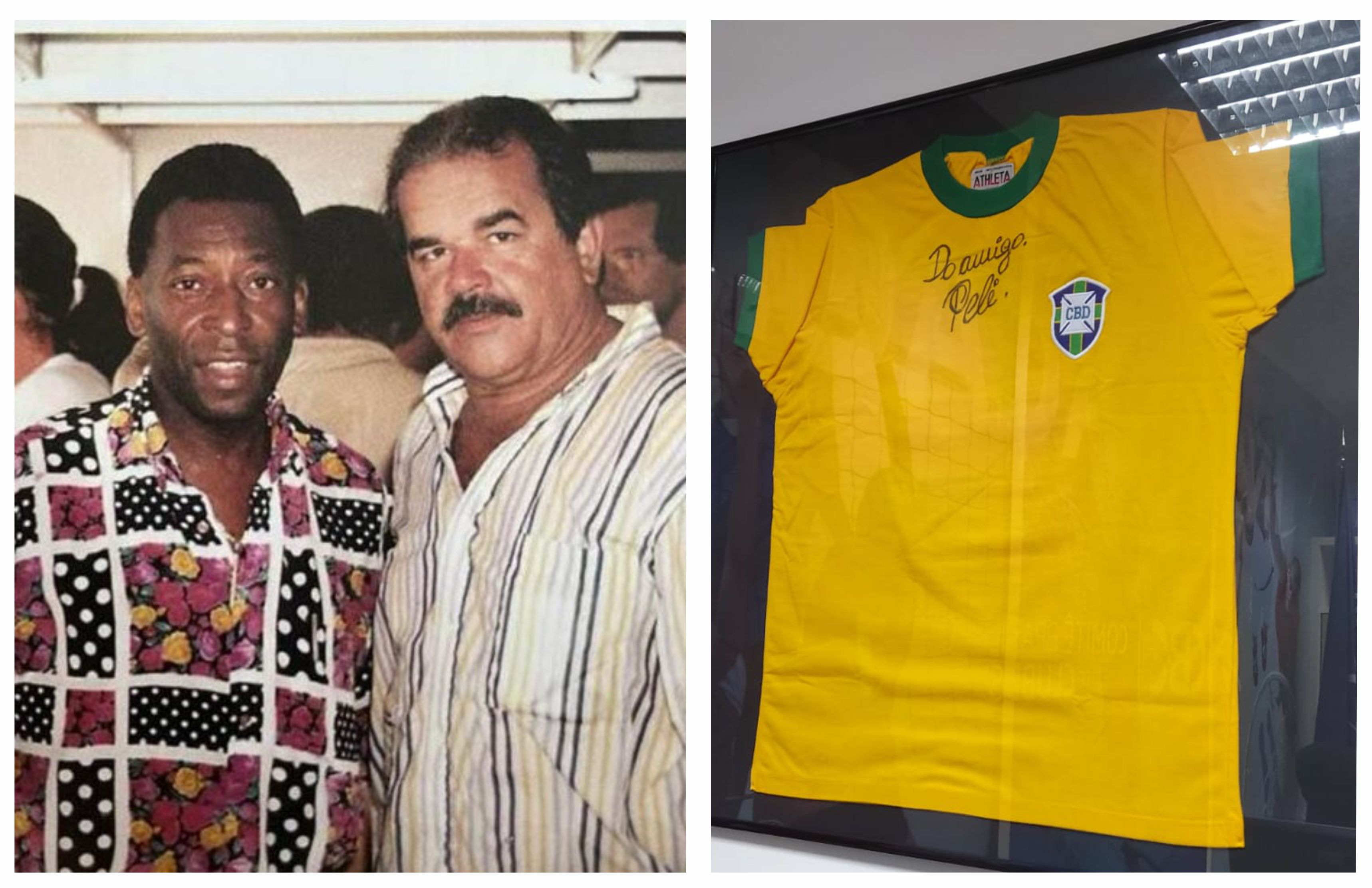 Pelé e Paulo Maciel ao lado a foto da camiseta autografada por Pelé e exposta na sede do CBC Campinas